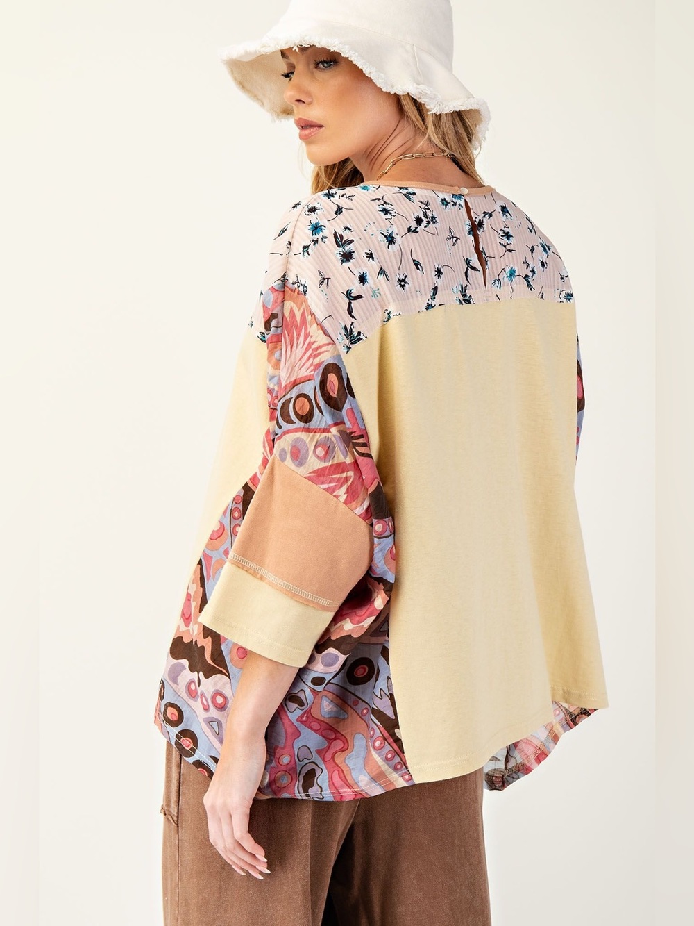 #243 easel Yellow Patchwork Boho Tunic with Multicolor Prints